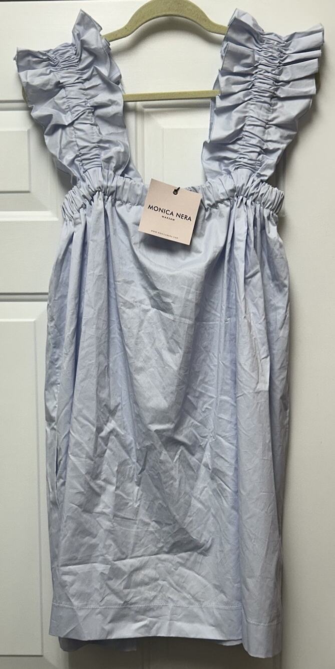 NWT Monica Nera Warsaw Light Blue Maya Smocked Ruffle Sleeve Dress Size Small